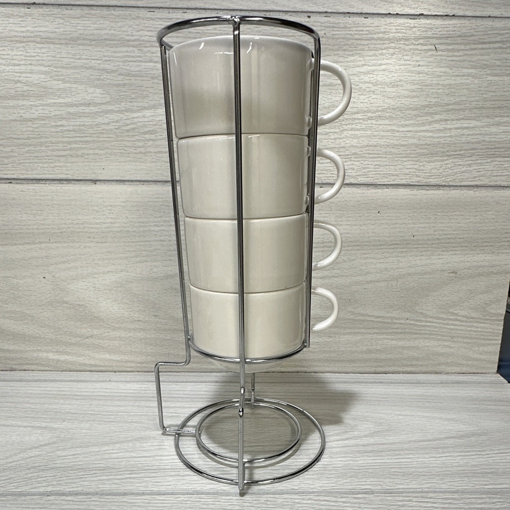 Sweese White Ceramic Coffee Mugs Set of 4 8 oz w/ Metal Stand Microwave Safe